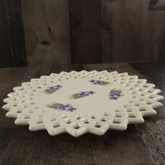 Lattice Lace Edge White Milk Glass Plate with Purple Flowers Pointed Vintage - Picture 3 of 5